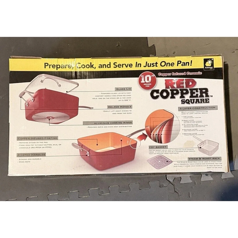 Red Copper Copper Square 10in Ceramic Nonstick Pan Set w/ Lid Basket Rack Book